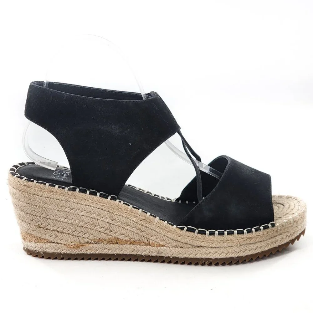 EILEEN‎ FISHER NWOB Whim Nubuck Leather Espadrille Wedge Sandal Black